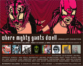 where mighty giants dwell urban art exhibition promo flyer