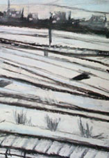 charcoal and pastel drawing of trainlines coming into paris